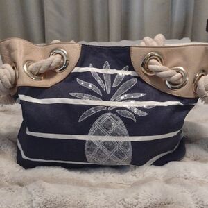 Tommy Bahama Genuine Leather Canvas Bag Navy Cream Rope Nautical Sequin